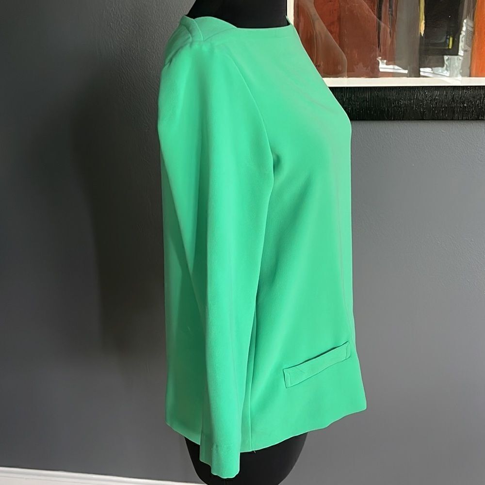 Ann Taylor LOFT bright mint boatneck 3/4 sleeve crepe dropped welted pockets top - Picture 4 of 6